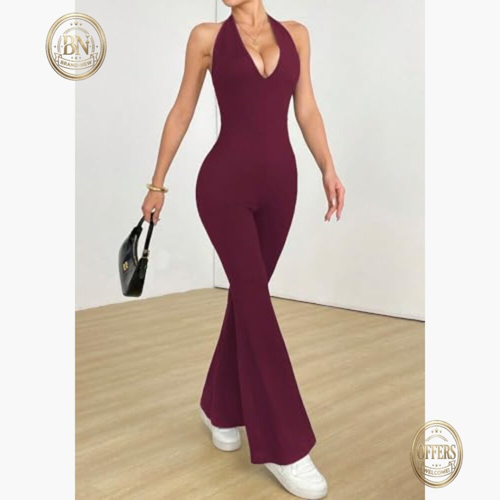 Polyester Elastane Halterneck Backless Flared Jum… - image 3